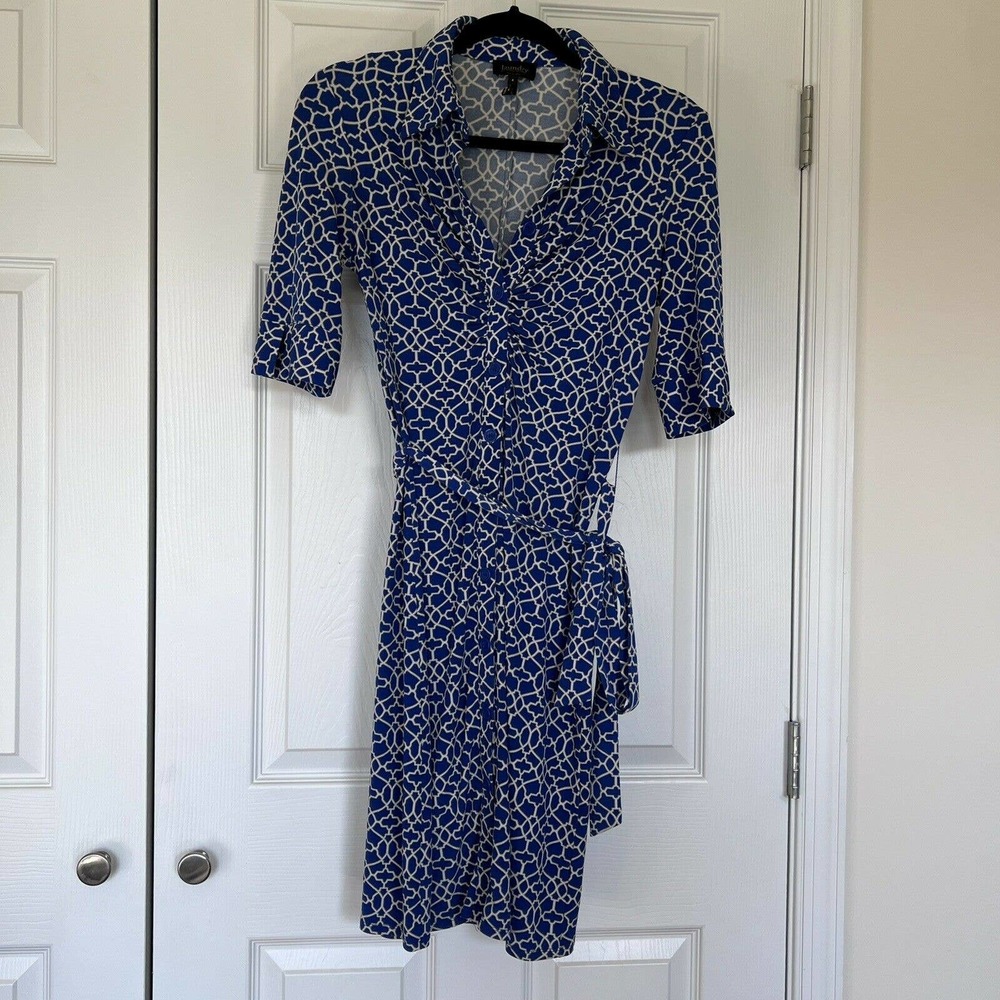 LAUNDRY by Shelli Segal Dress Blue Geometric Print Preppy Belted Shirt Size 4